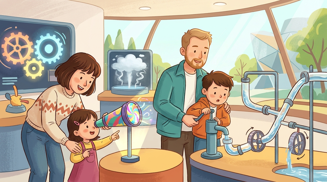Cartoon illustration of a family at Science Centre Singapore, Singapore.