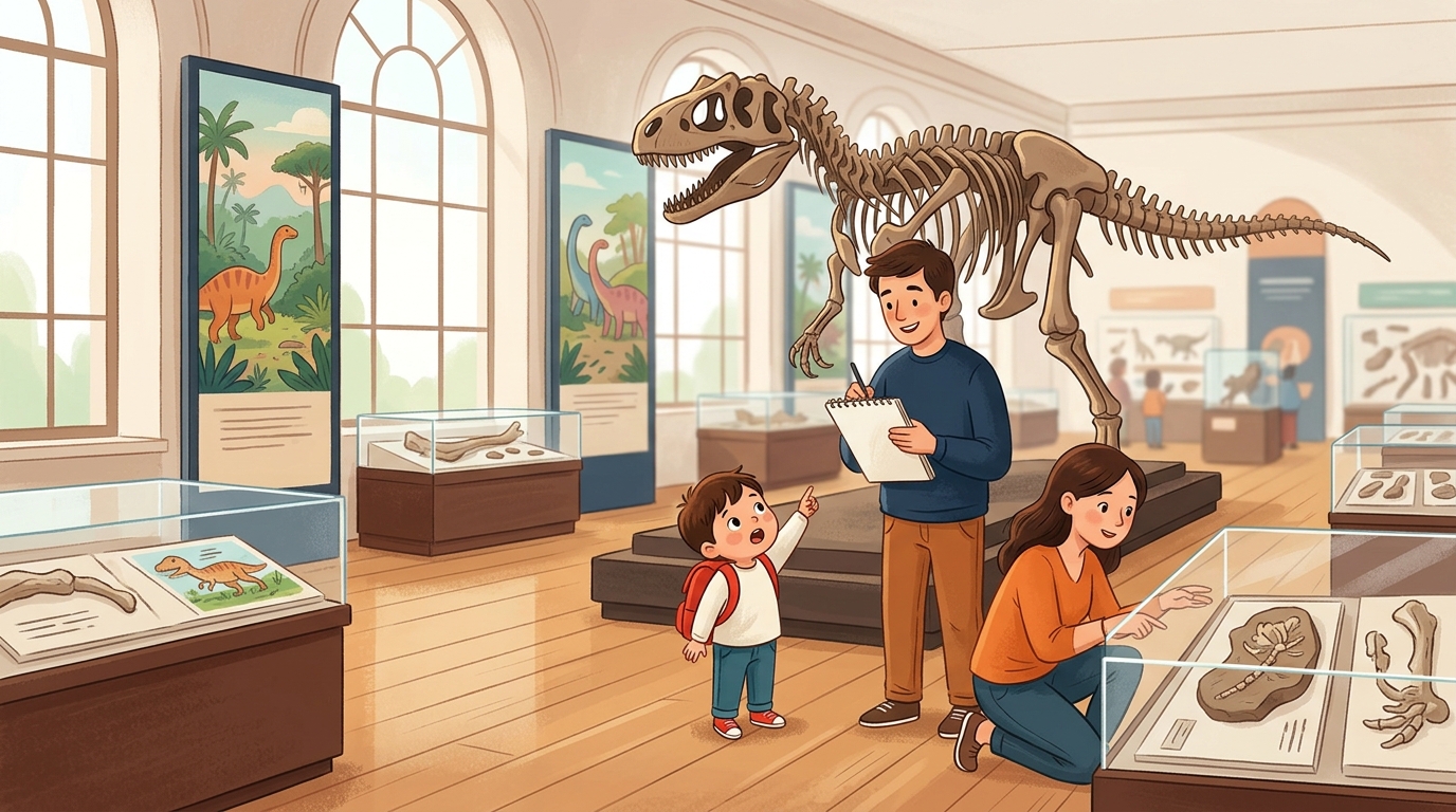 Cartoon illustration of a family at National Taiwan Museum: dinosaurs, fossils and scientific illustration at the National Taiwan Museum.