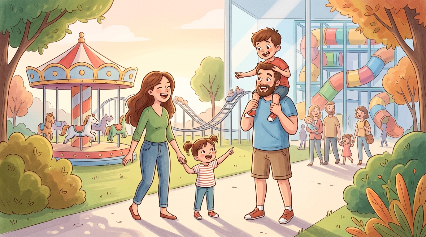 Cartoon illustration of a family at Star City: an all-ages family amusement-park day with rides and indoor play attractions.