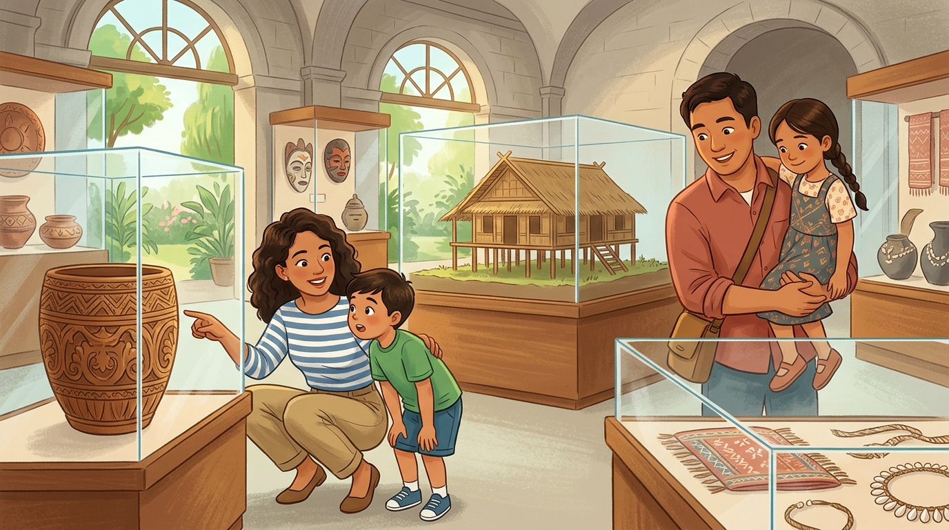 Cartoon illustration of a family at National Museum of Anthropology, Manila.
