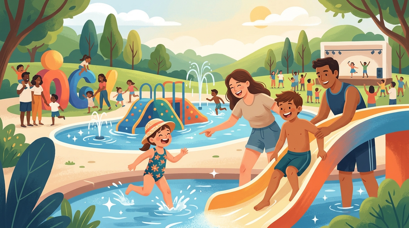 Cartoon illustration of a family at Dongshan River Water Park: international performances, games and water play for children.