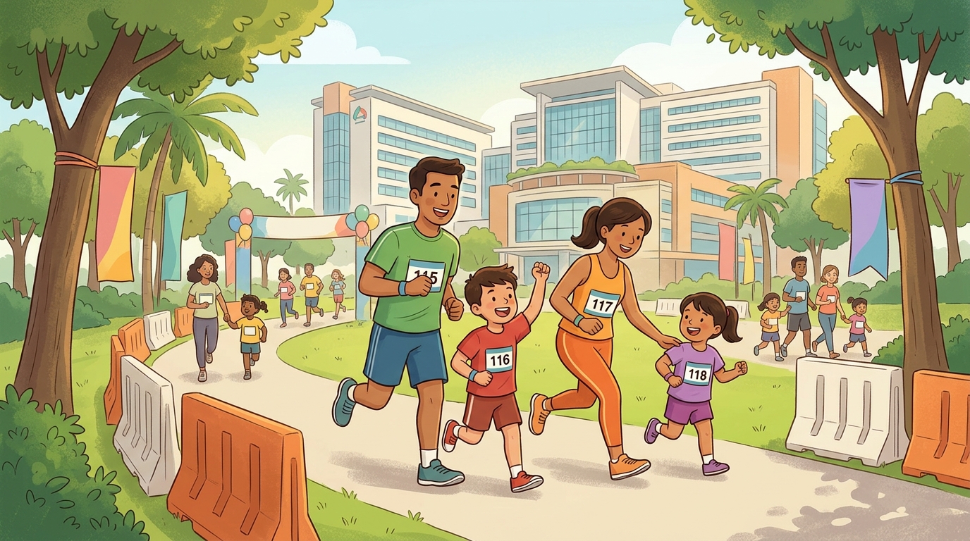 Cartoon illustration of a family at University Malaya Medical Centre: A 1 km and 3 km hospital fun run with a general child category for ages 7 to 12.