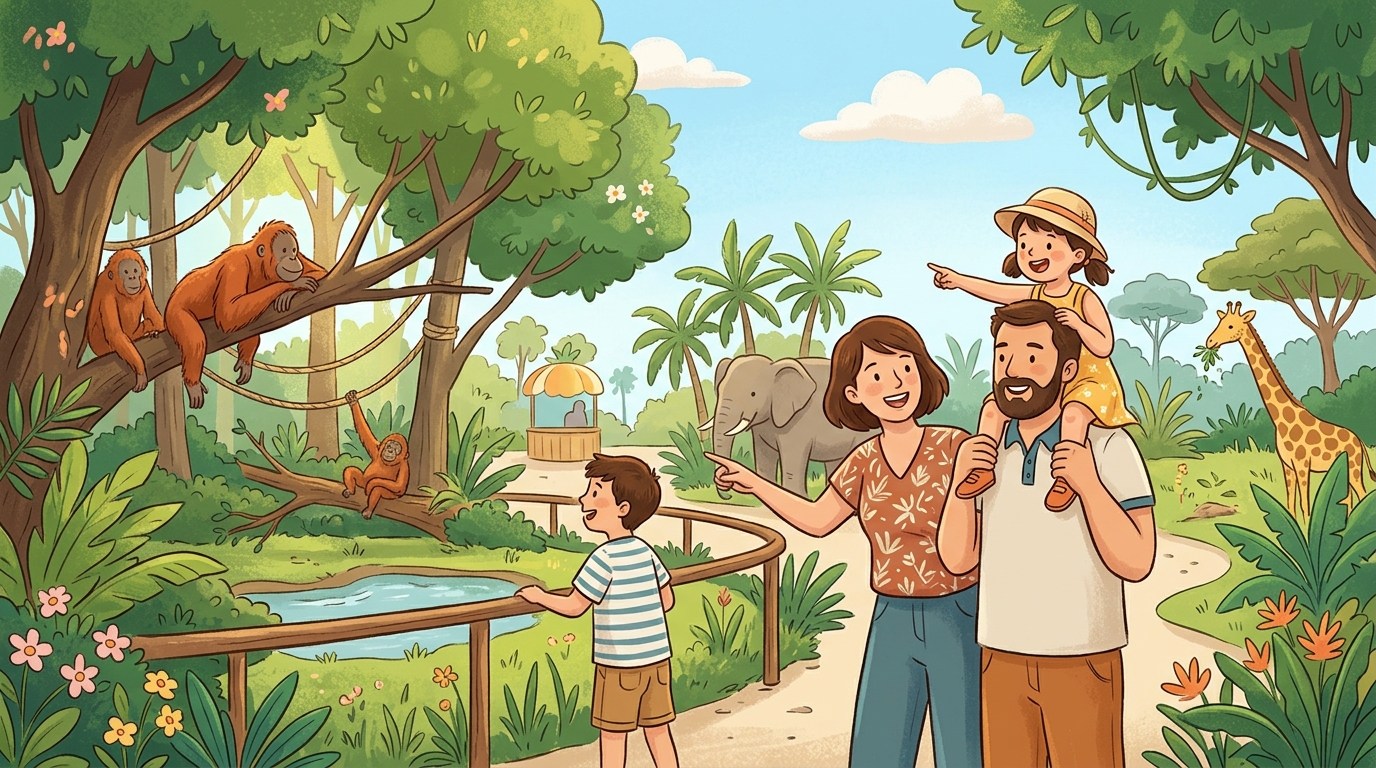 Cartoon illustration of a family at Ragunan Zoo: a low-cost family wildlife day in South Jakarta.