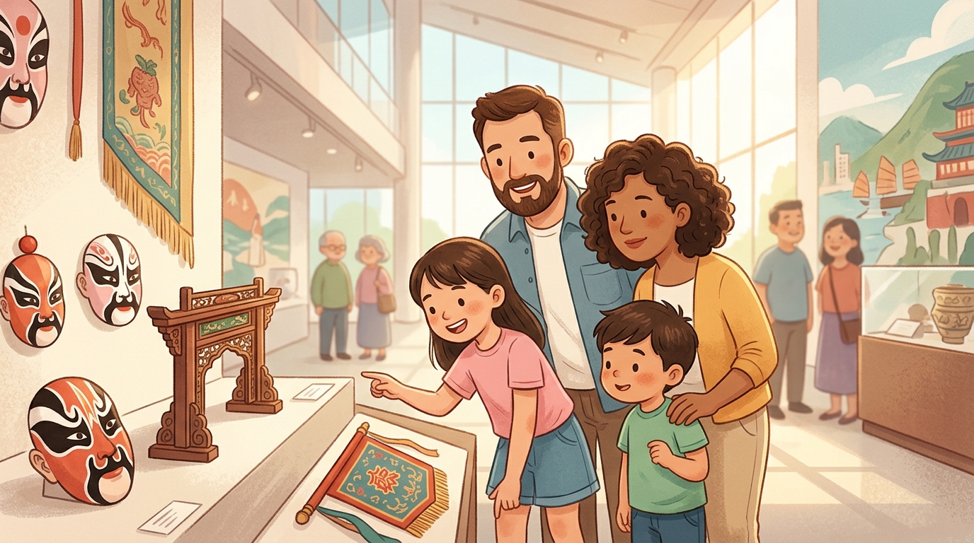 Cartoon illustration of a family at Hong Kong Heritage Museum: hong Kong culture, art and heritage for families.