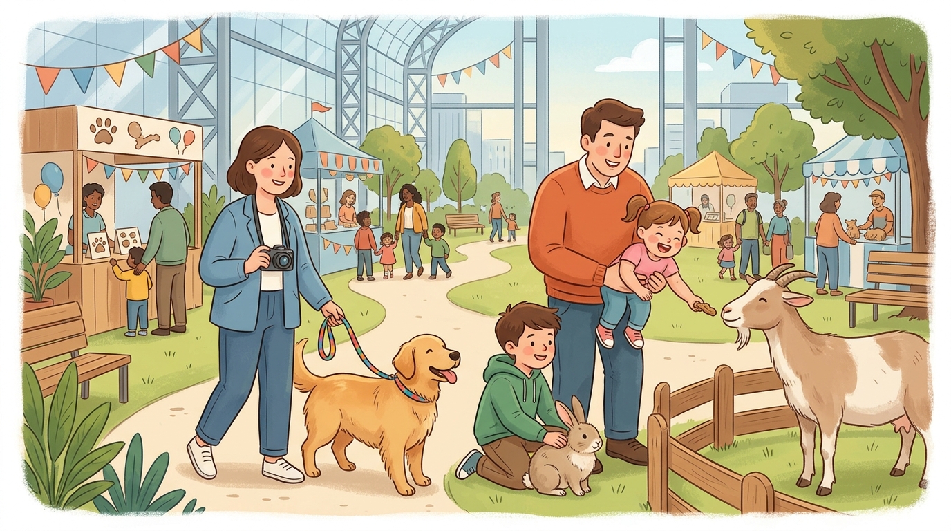 Cartoon illustration of a family at Hanoi International Exhibition Center (I.C.E.): A free three-day pet and family exhibition in central Hanoi.