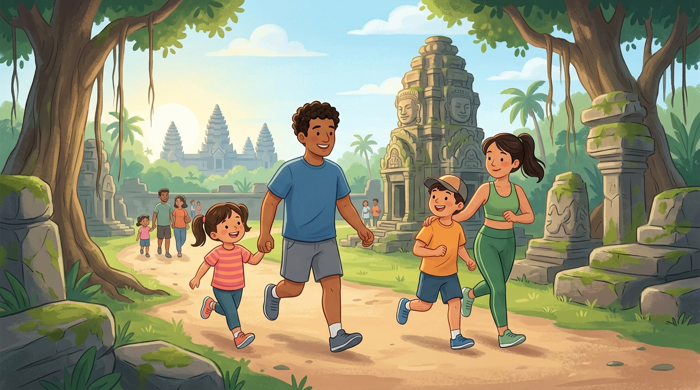 Cartoon illustration of a family at Angkor Wat: a family 3K race at Angkor Wat.