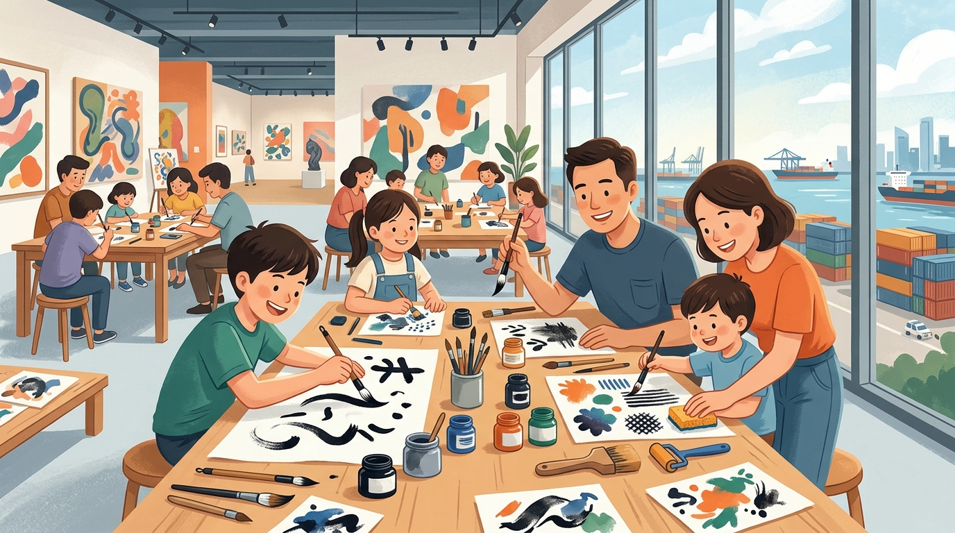 Cartoon illustration of a family at Singapore Art Museum at Tanjong Pagar Distripark to Level 3, The Main Deck: A 90-minute ink and paper workshop for participants aged 7 and above.