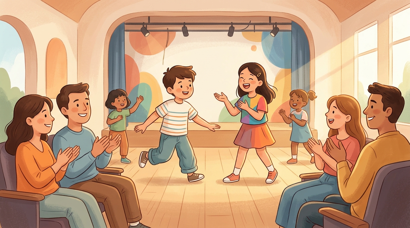 Cartoon illustration of a family at KC Arts Centre - Home of SRT: Weekly acting, singing and movement classes for children aged 8 to 12.