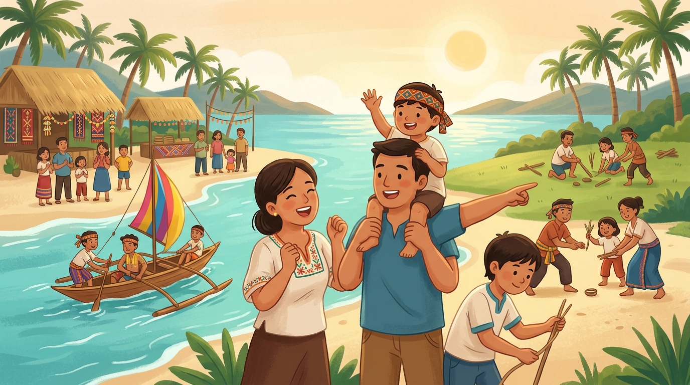 Cartoon illustration of a family at Island Garden City of Samal, Samal.