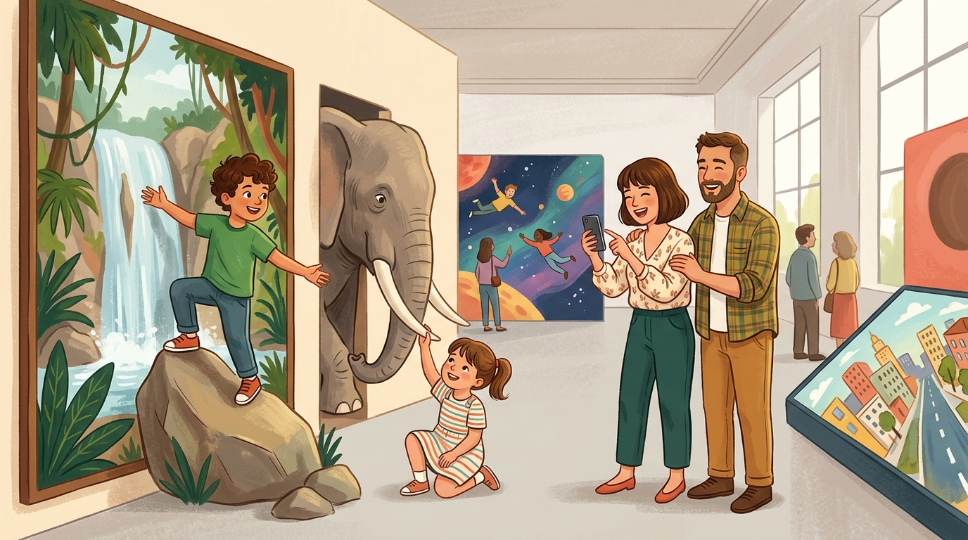 Cartoon illustration of a family at Art in Island: The Media Square, Quezon City.
