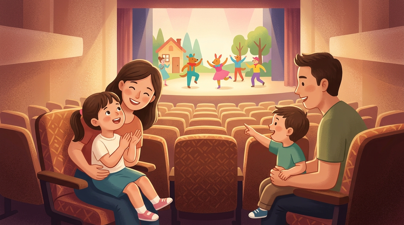 Cartoon illustration of a family at Esplanade Theatre: Peppa Pig and friends in a live family theatre show at Esplanade.