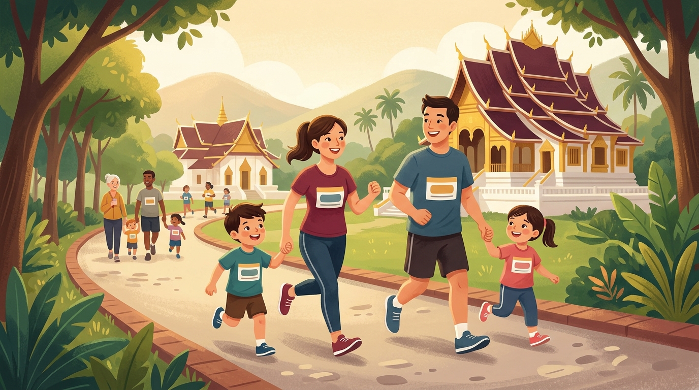 Cartoon illustration of a family at Royal Palace, Luang Prabang: A family-friendly 7km charity run through Luang Prabang for ages 3 and above.