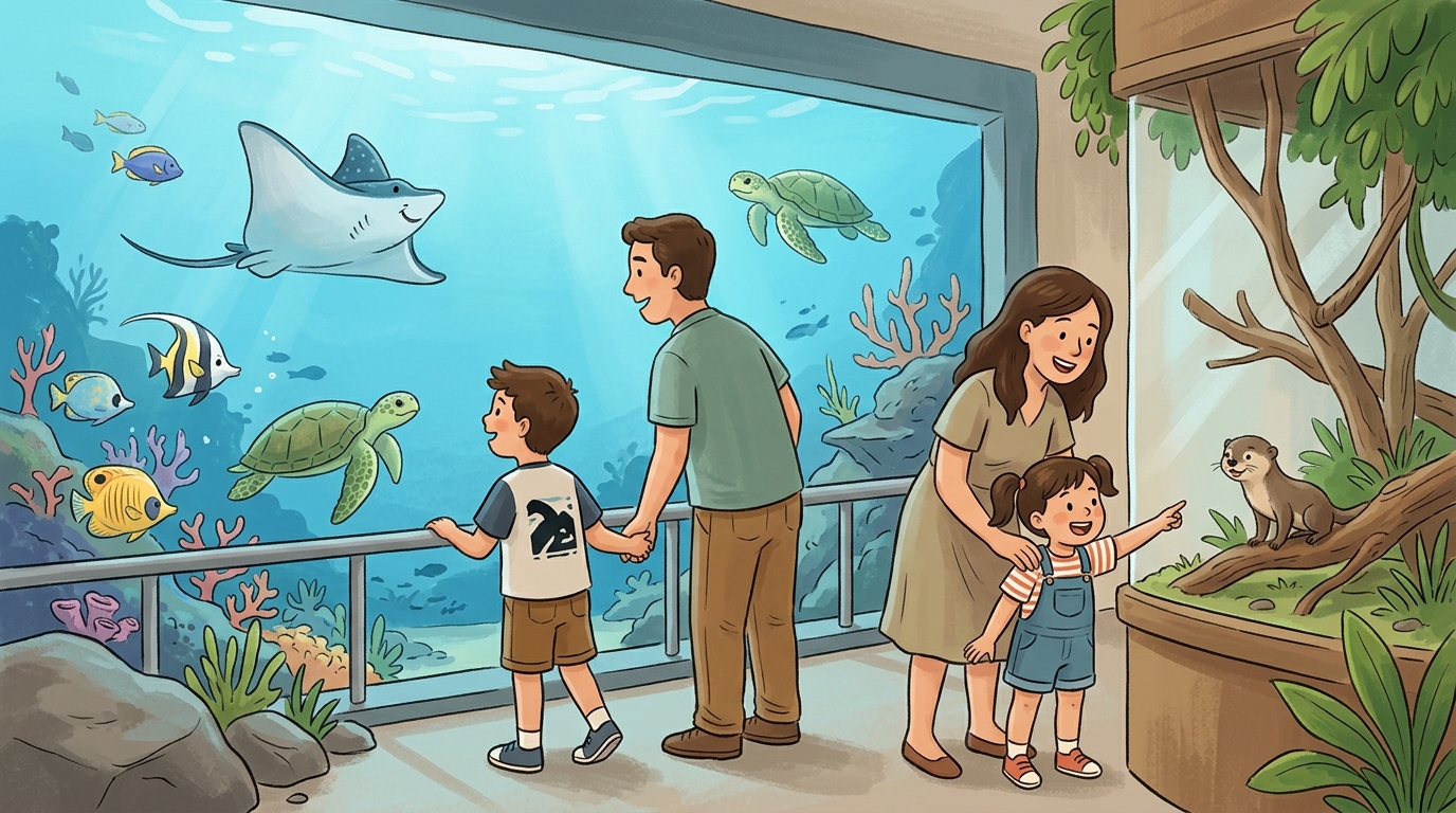 Cartoon illustration of a family at Jakarta Aquarium & Safari: aquarium habitats, animal encounters and family shows.