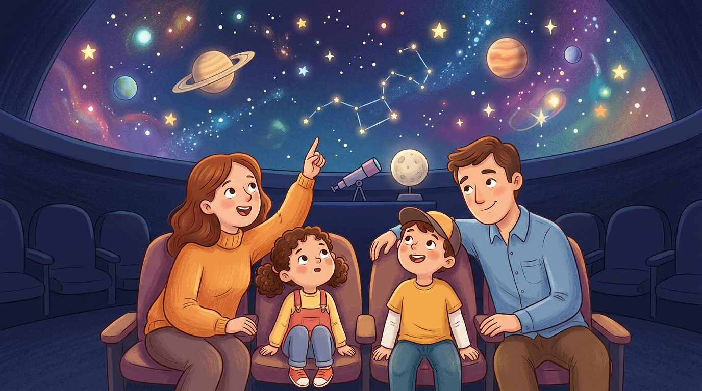 Cartoon illustration of a family at Science Centre for Education and Bangkok Planetarium, Bangkok.