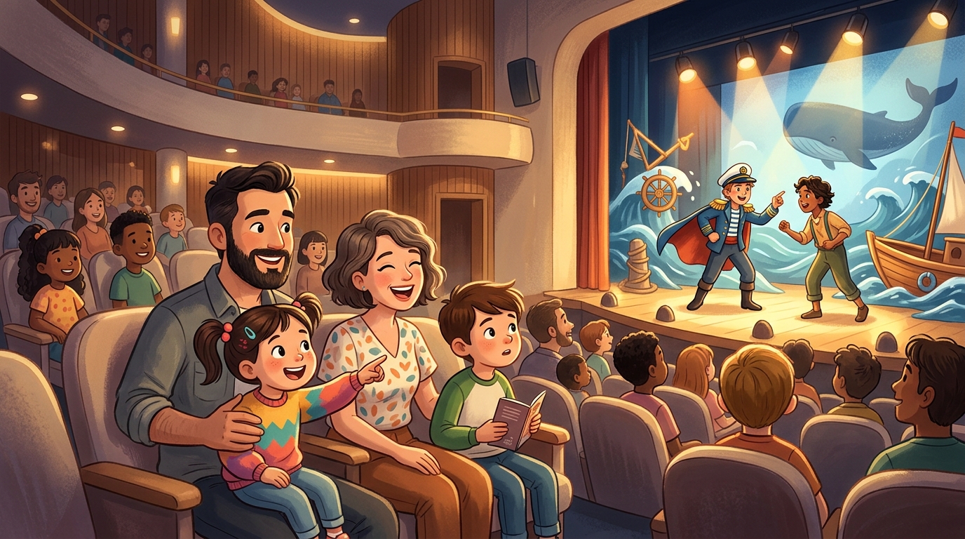 Cartoon illustration of a family at The Platform at Menara KEN TTDI: a youth theatre double bill in Kuala Lumpur.