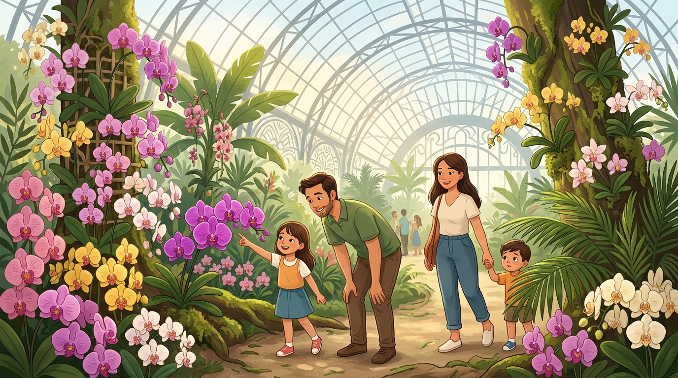 Cartoon illustration of a family at Flower Dome, Gardens by the Bay: a rainforest-inspired orchid exhibition for families.