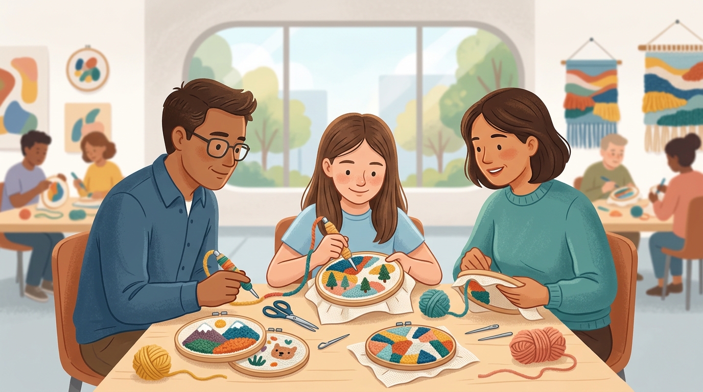 Cartoon illustration of a family at Singapore Art Museum at Tanjong Pagar Distripark, Level 3, SAM Corporate Office: A 90-minute punch-needle workshop for participants aged 10 and above.