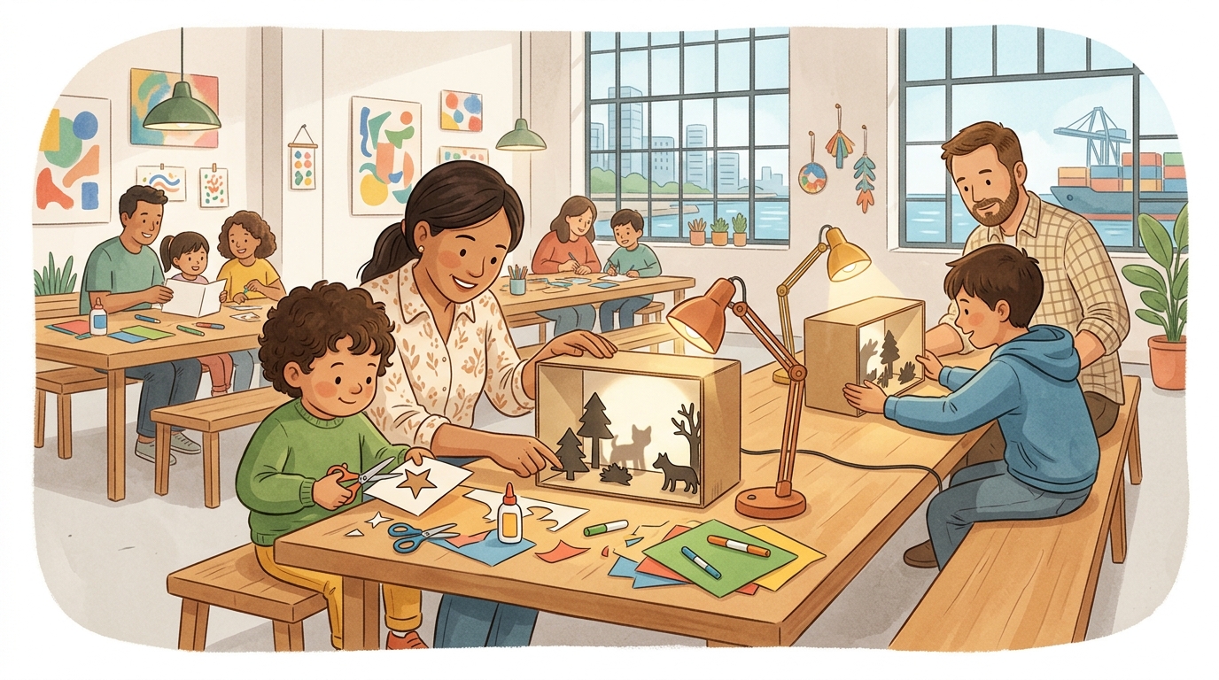 Cartoon illustration of a family at Singapore Art Museum at Tanjong Pagar Distripark to Level 3, The Main Deck: A free one-hour shadow-diorama workshop for children aged 4 to 6.