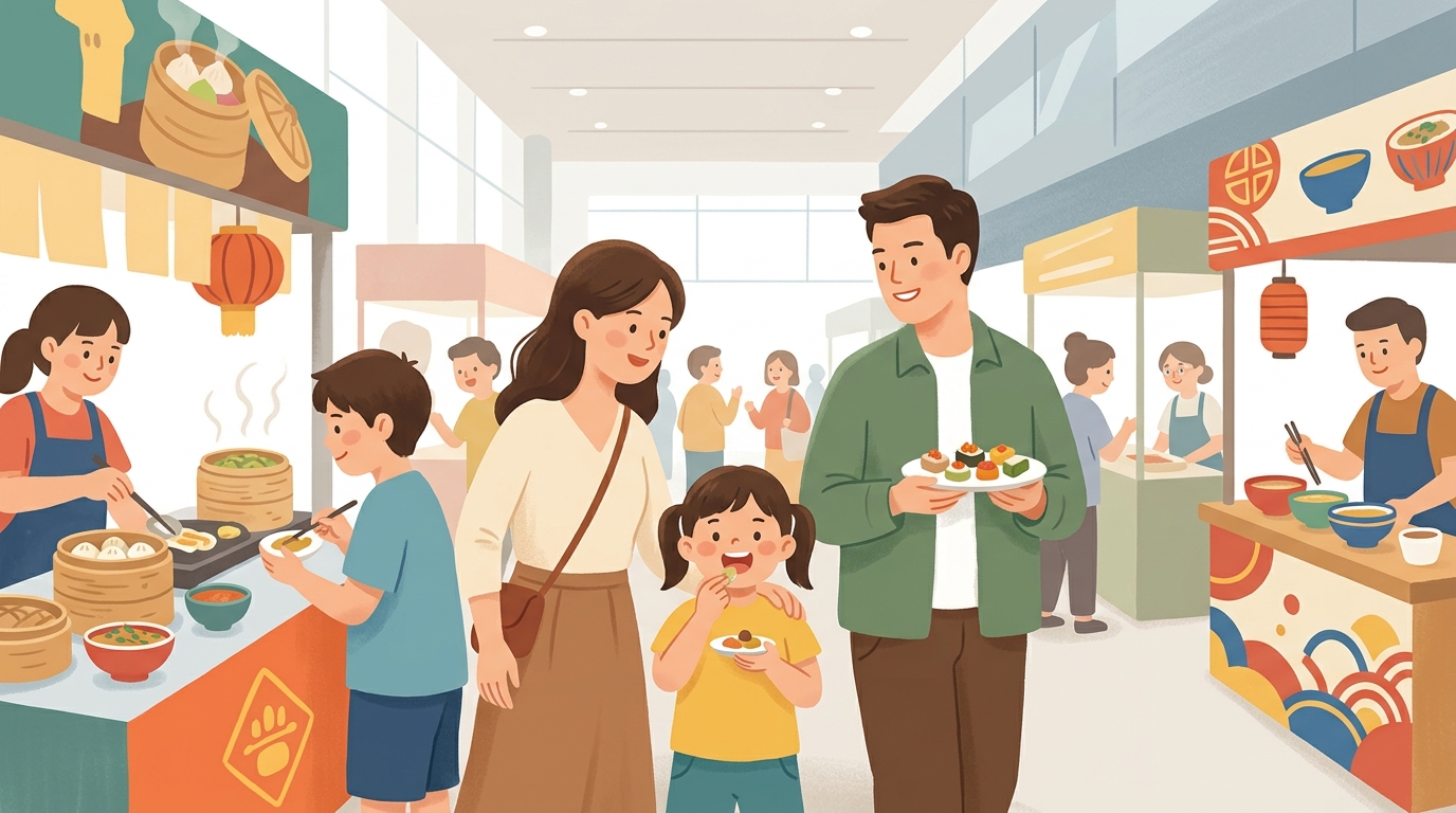 Cartoon illustration of a family at Taipei Nangang Exhibition Center: a large public exhibition celebrating Taiwanese food culture.