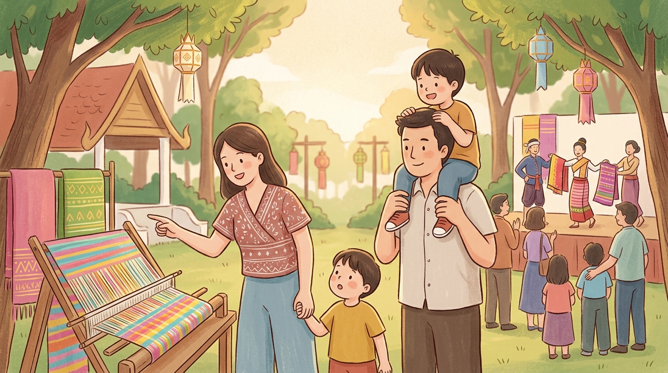 Cartoon illustration of a family at Rin Kham Intersection, Chiang Mai.