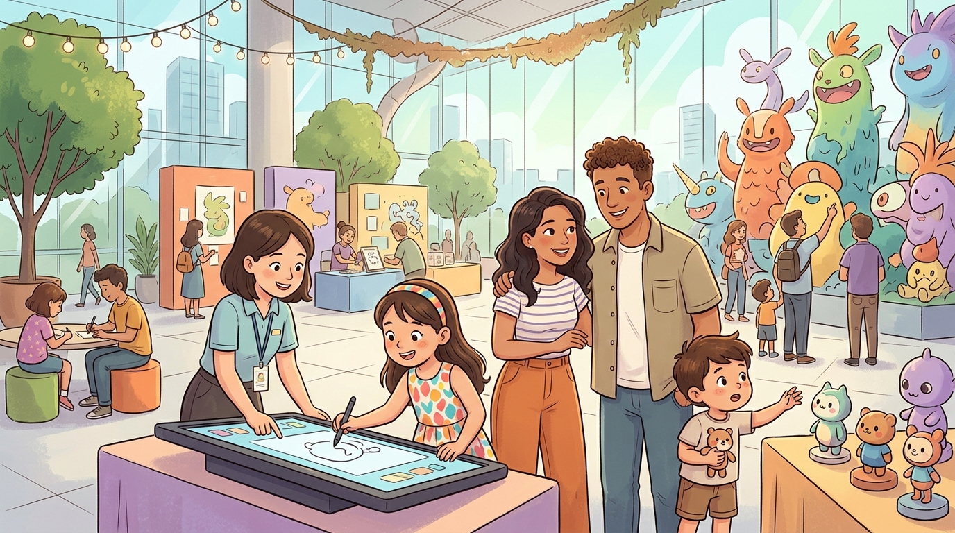 Cartoon illustration of a family at CentralWorld, Bangkok.