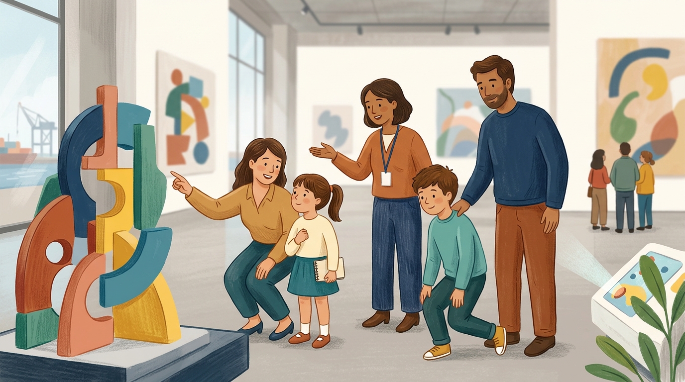 Cartoon illustration of a family at Singapore Art Museum at Tanjong Pagar Distripark, Level 1, Gallery 1: A free 45-minute family art tour for ages 7 and above, with adult accompaniment.