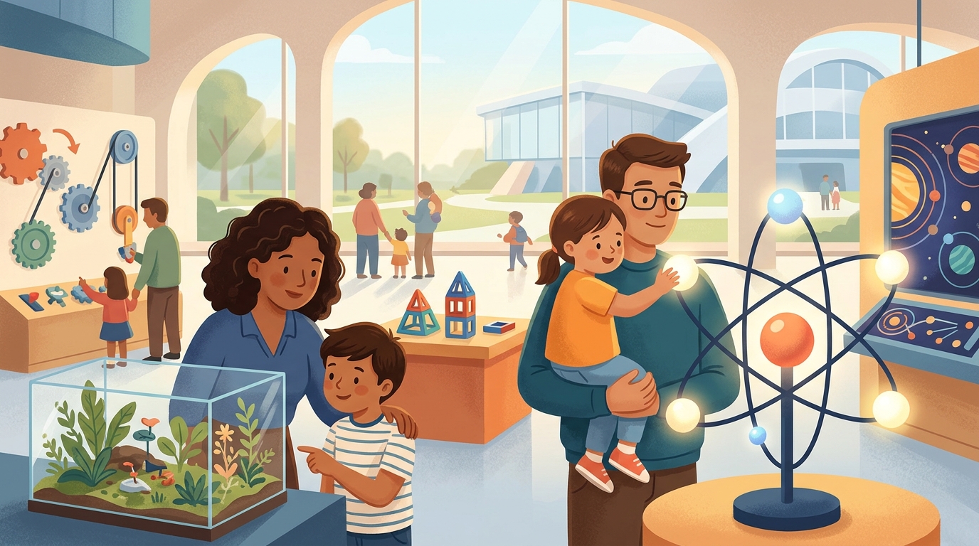 Cartoon illustration of a family at The Mind Museum, Taguig.