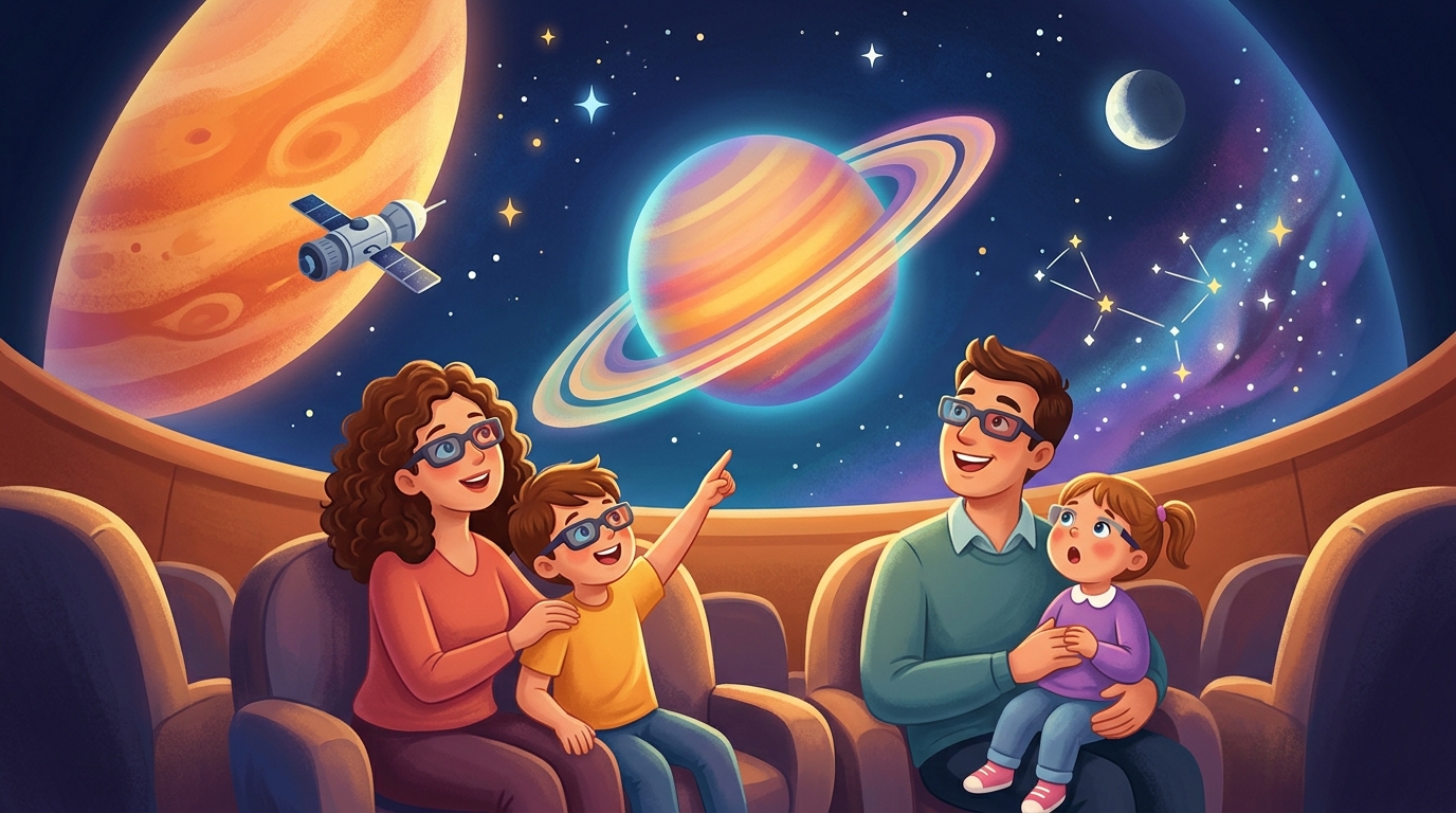 Cartoon illustration of a family at Hong Kong Space Museum: a 3D dome journey through the solar system.