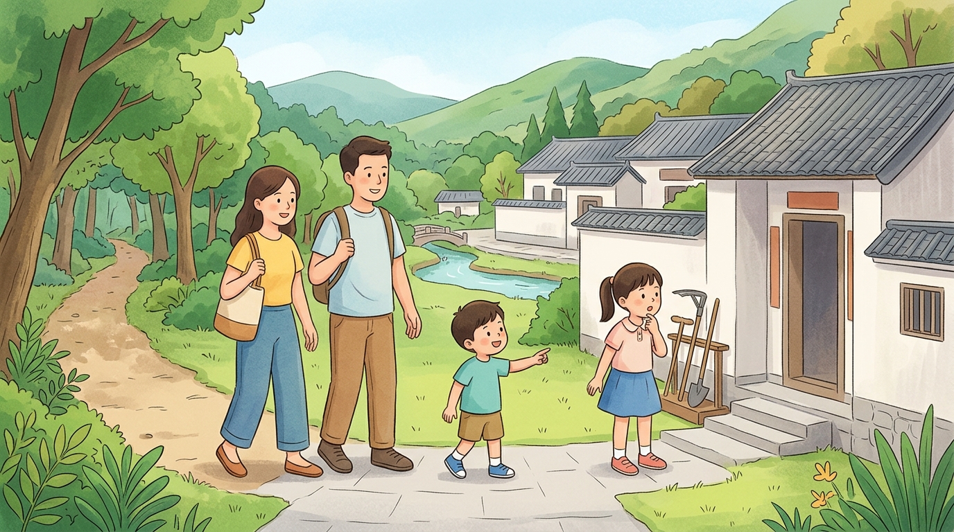 Cartoon illustration of a family at Sheung Yiu Folk Museum: a free Hakka heritage museum visit beside a nature trail.