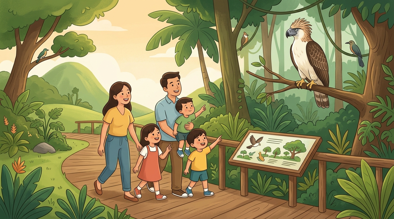 Cartoon illustration of a family at Philippine Eagle Center, Davao City.