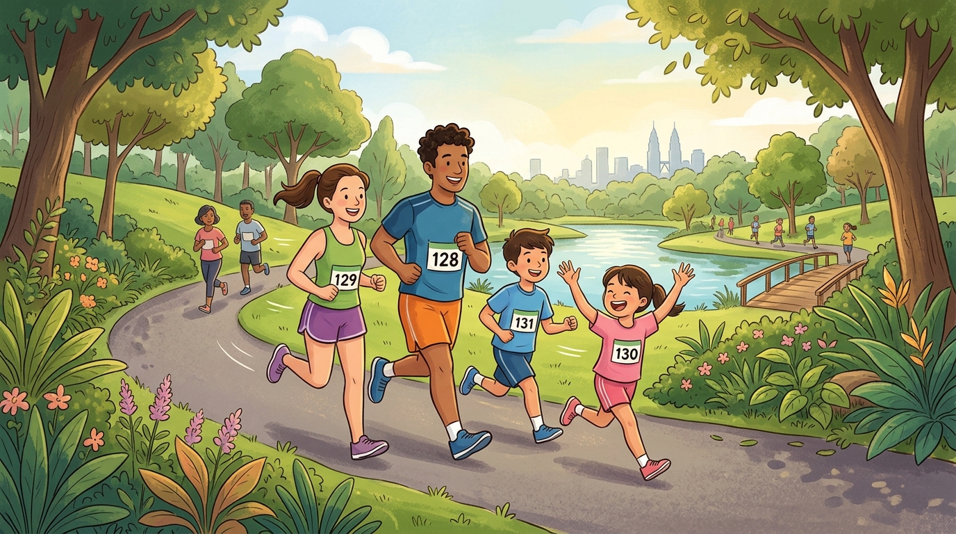 Cartoon illustration of a family at Taman Botani Negara Shah Alam: a family-friendly charity run supporting local orphanages.