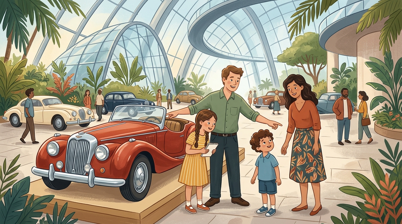 Cartoon illustration of a family at IMBA Theatre, Gardens by the Bay: classic automobiles, design and engineering in one exhibition.