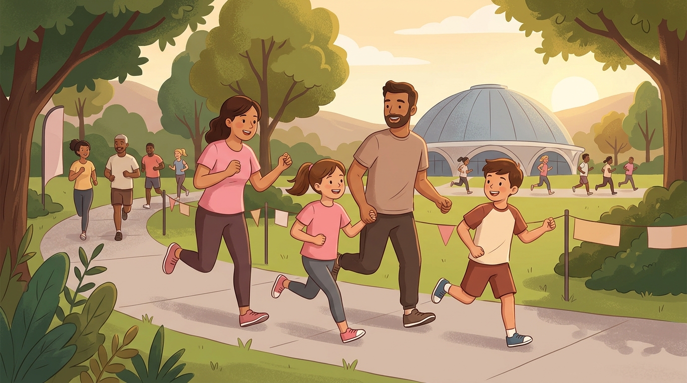 Cartoon illustration of a family at Dome, Pejabat Kesihatan Daerah Klang: A 5 km community fun run in Klang for participants aged 10 and above.
