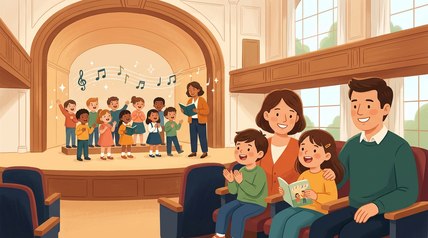 Cartoon illustration of a family at Victoria Concert Hall: A half-day singing experience for children aged 7 to 12.