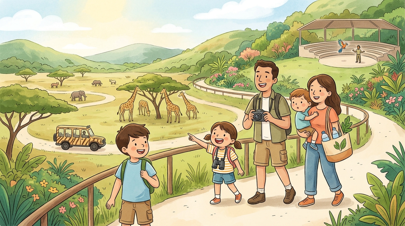 Cartoon illustration of a family at Cebu Safari and Adventure Park, Carmen.