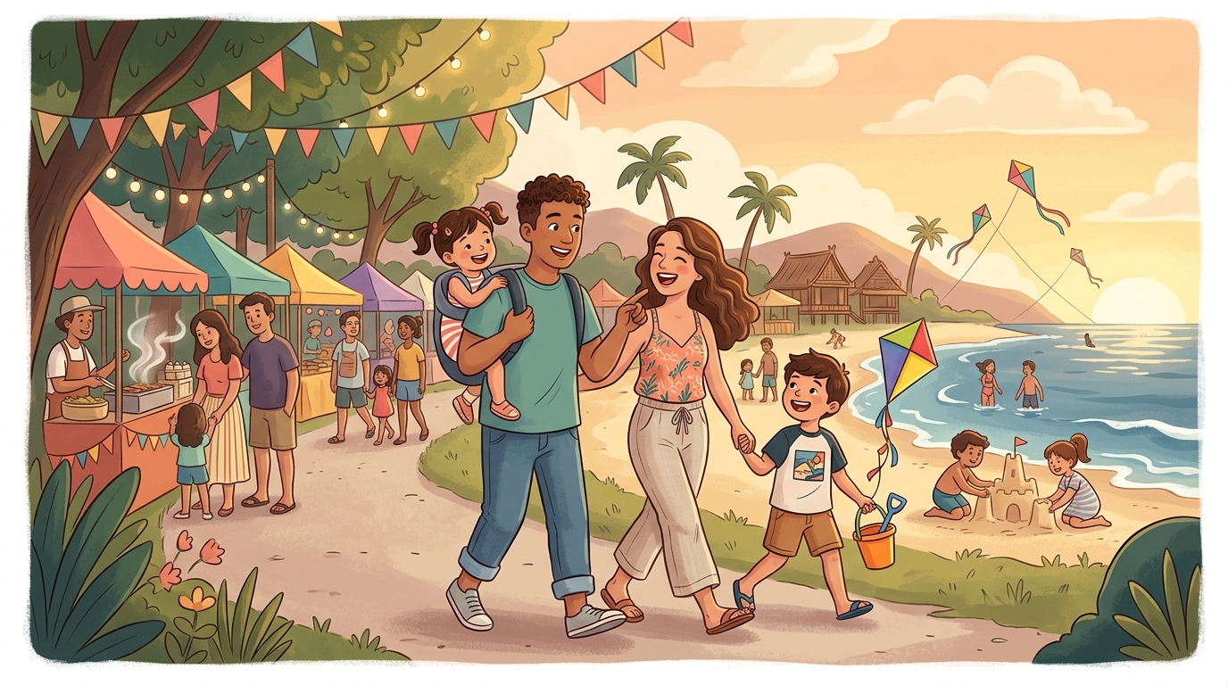 Cartoon illustration of a family at Batu Laut: a two-day coastal community festival for families.