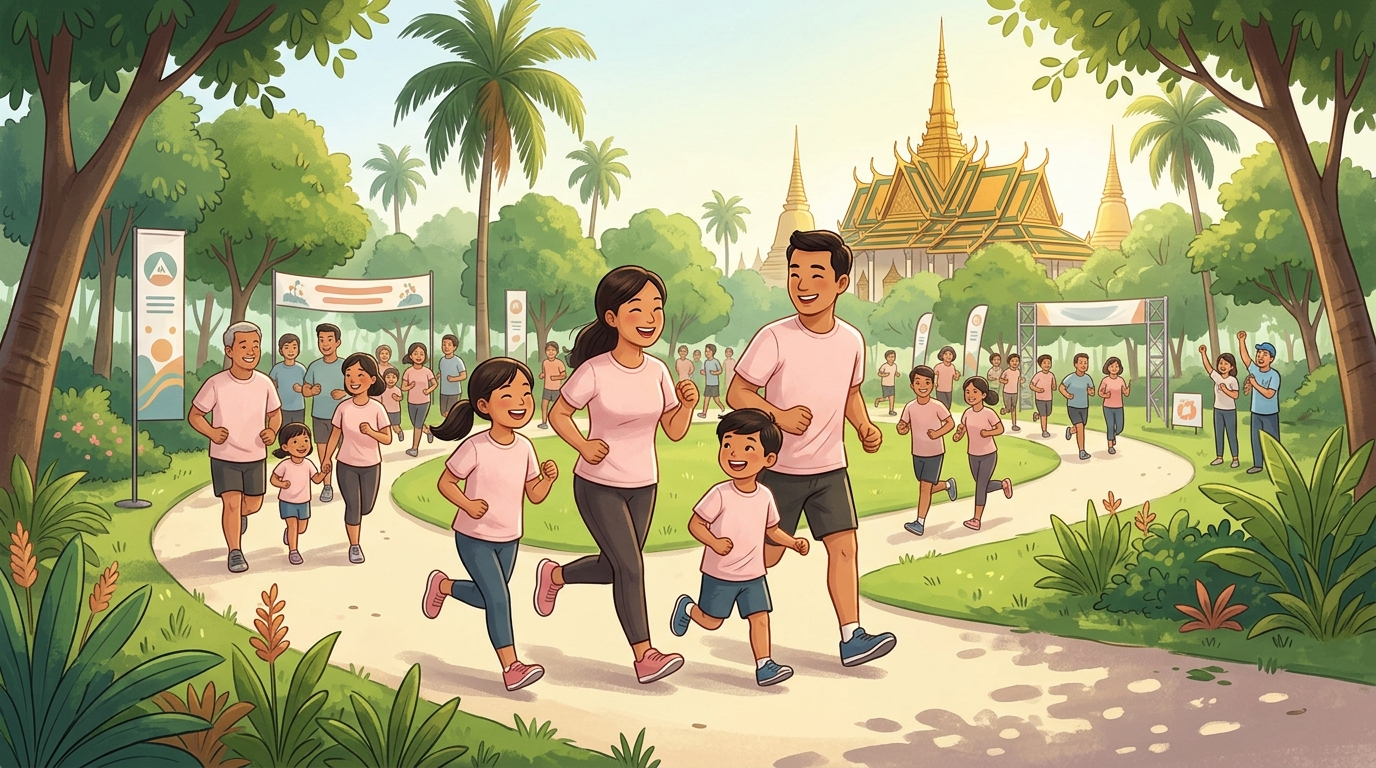 Cartoon illustration of a family at Botumvatey Pagoda Park: a family-friendly 2.5K community run in Phnom Penh.
