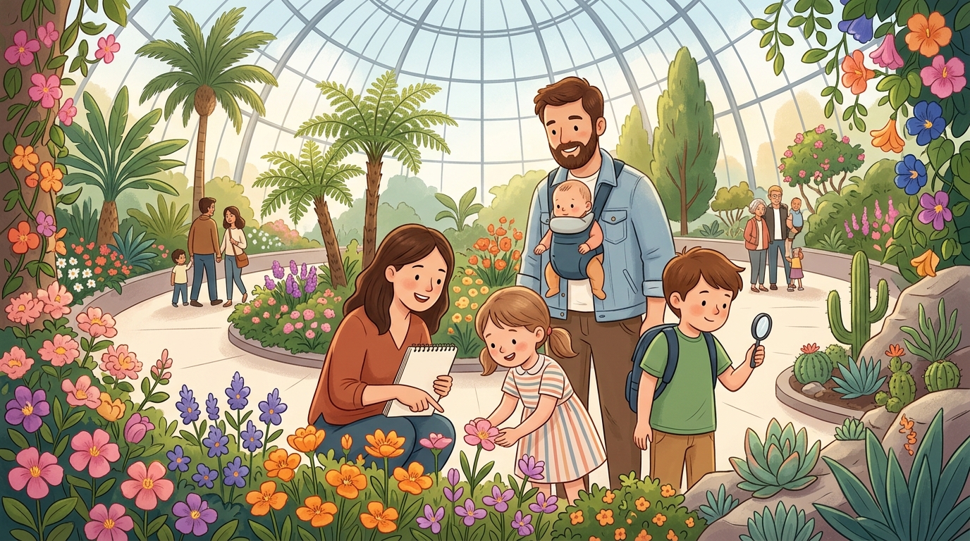 Cartoon illustration of a family at Flower Dome, Gardens by the Bay, Singapore.
