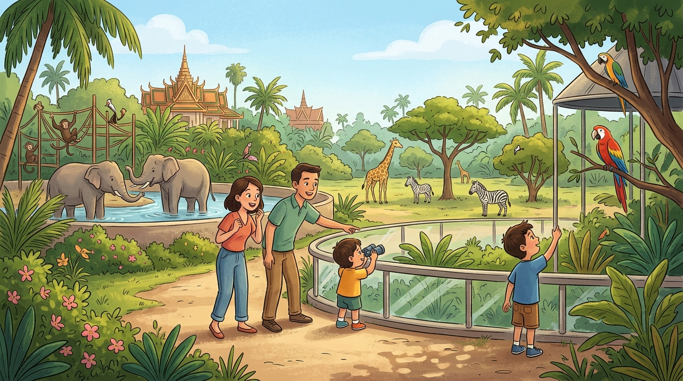 Cartoon illustration of a family at Phnom Penh Safari: wildlife habitats and family animal shows in Phnom Penh.