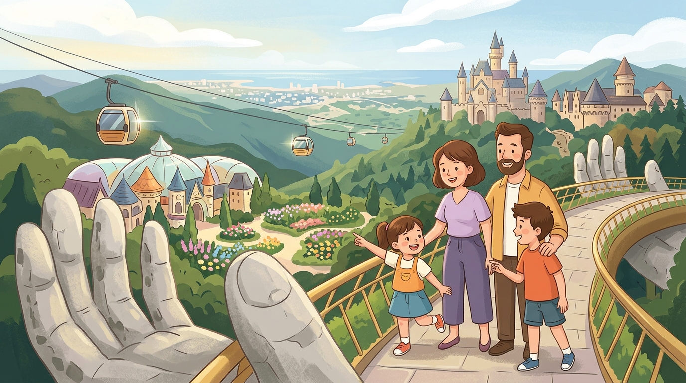 Cartoon illustration of a family at Sun World Ba Na Hills, Da Nang.