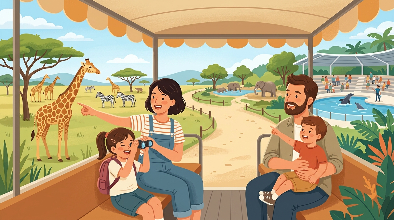 Cartoon illustration of a family at Safari World Bangkok, Bangkok.