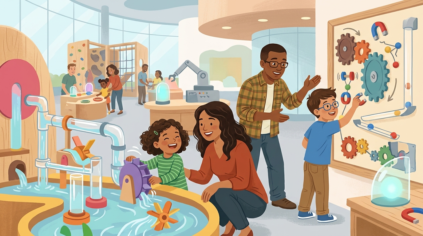 Cartoon illustration of a family at Petrosains PlaySmart Johor Bahru: accessible family STEM discovery in Johor Bahru.