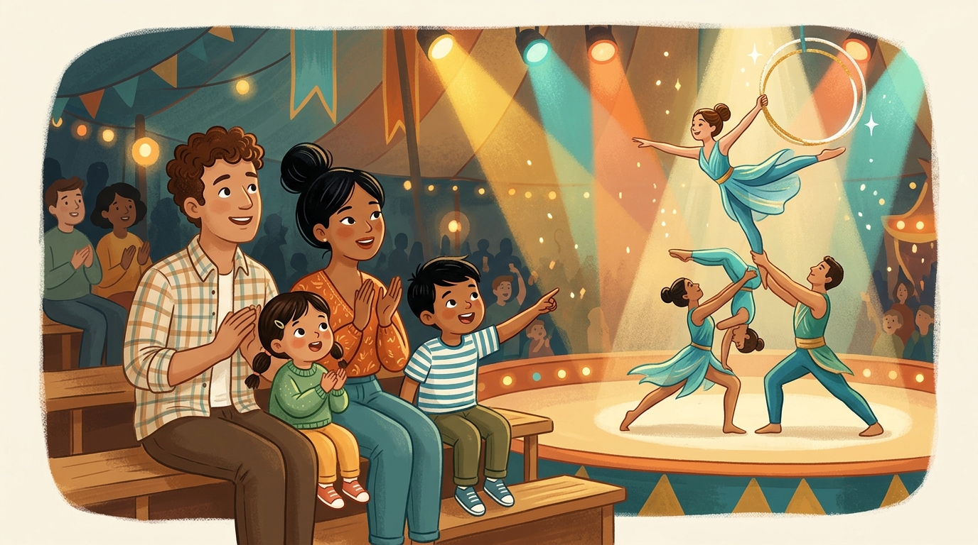 Cartoon illustration of a family at Phare, The Cambodian Circus: A Cambodian circus story about community, modern life and moderation, recommended here for ages 5 and above.