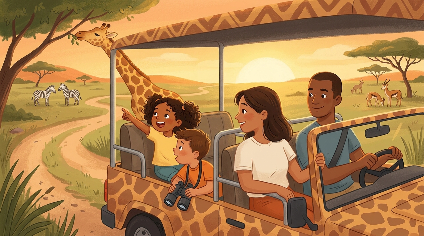 Cartoon illustration of a family at Taman Safari Bali: an evening safari focused on nocturnal animals.