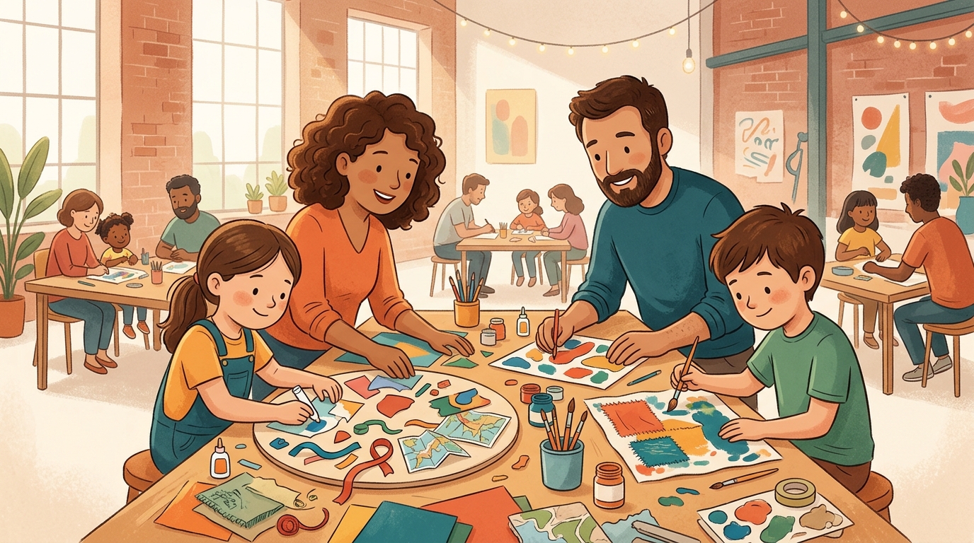 Cartoon illustration of a family at REXKL: A free guided creative programme for families with children aged 6 and above.