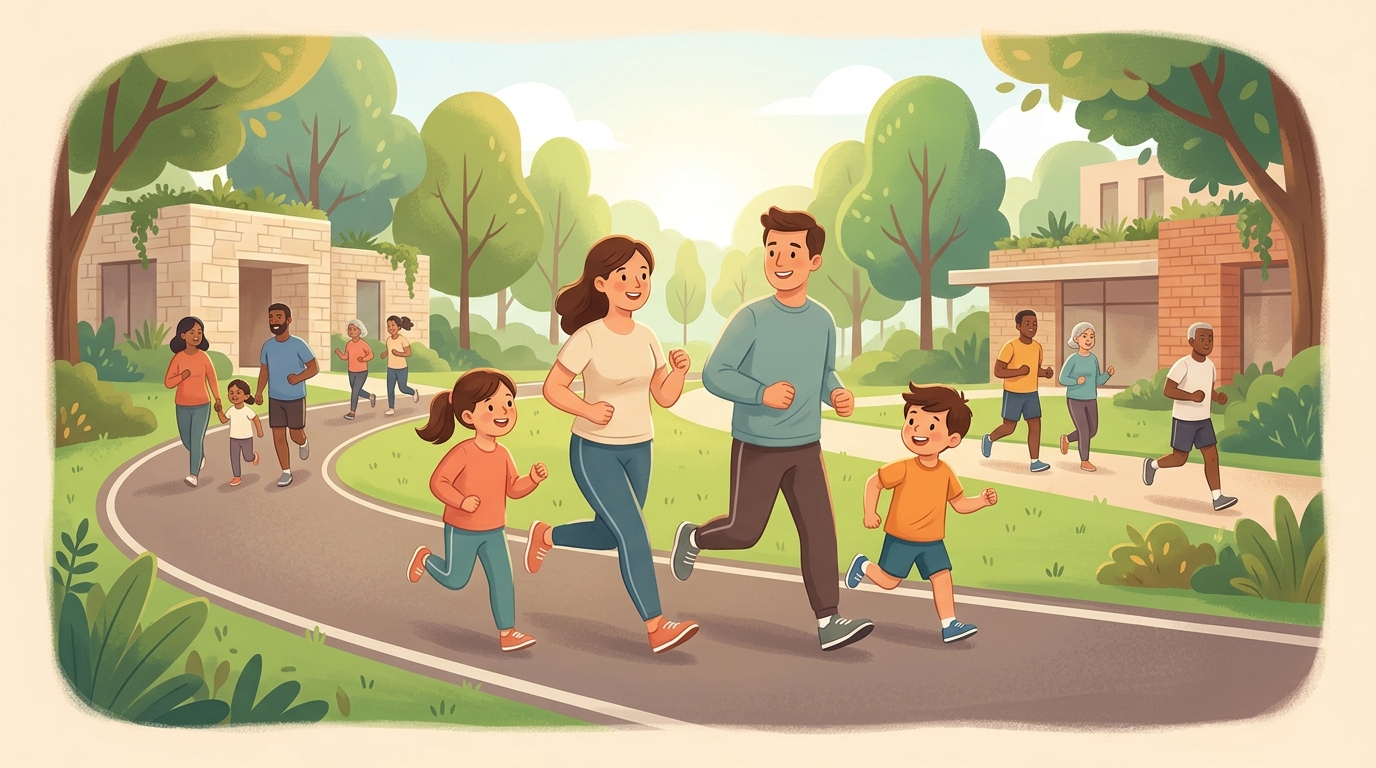 Cartoon illustration of a family at MSU Medical Centre: A 5 km community run with a child category open from age 7.
