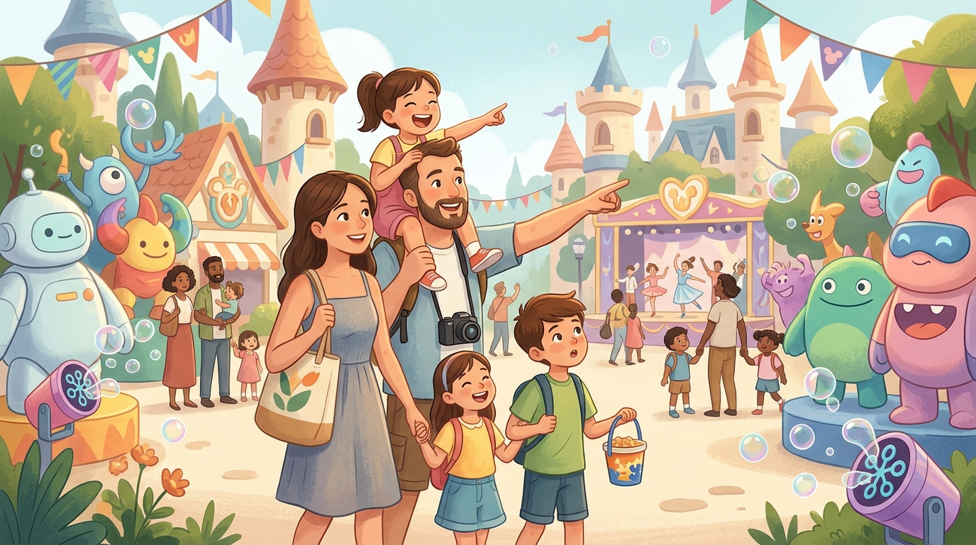 Cartoon illustration of a family at Hong Kong Disneyland: pixar characters and seasonal summer entertainment at Disneyland.