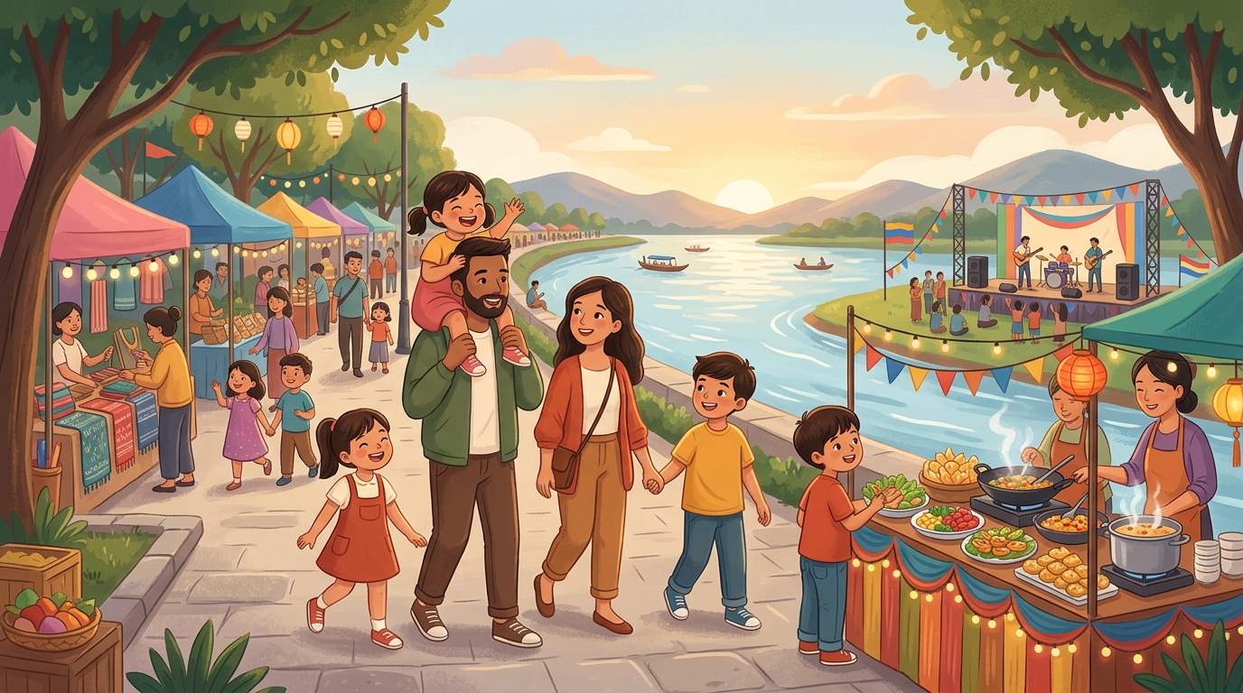 Cartoon illustration of a family at Mekong Riverside Road: a riverside family festival with local cuisine, shopping and live performances.