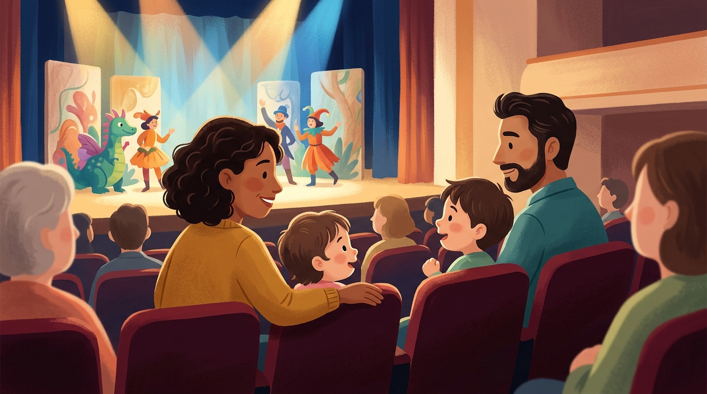 Cartoon illustration of a family at KC Arts Centre - Home of SRT: A 50-minute family theatre adventure for audiences aged 3 and above.
