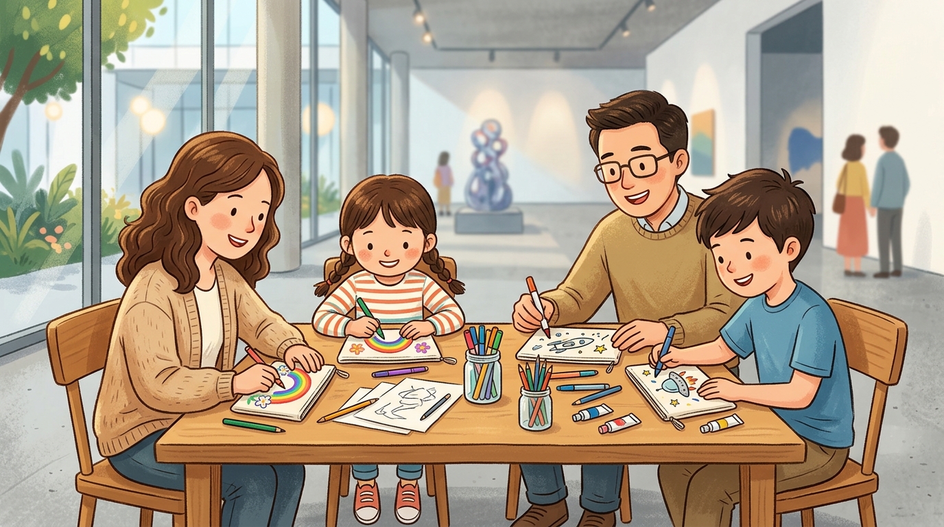 Cartoon illustration of a family at Singapore Art Museum at Tanjong Pagar Distripark to Level 1, outside Learning Gallery: A free pencil-case design activity for ages 5 and above with an adult.